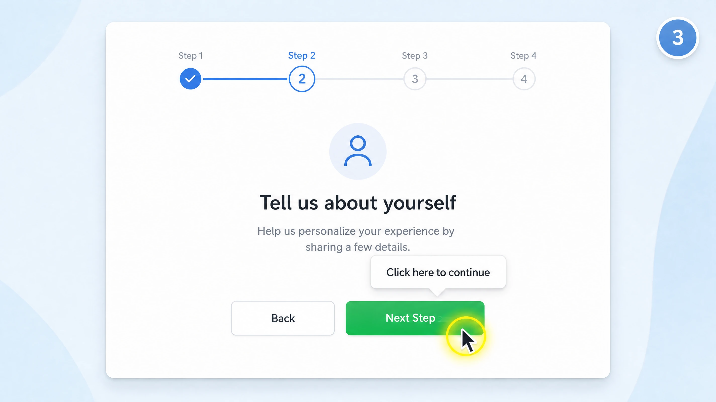 Onboarding screen in a mouse cursor highlight video with a glowing pointer on the Next Step button