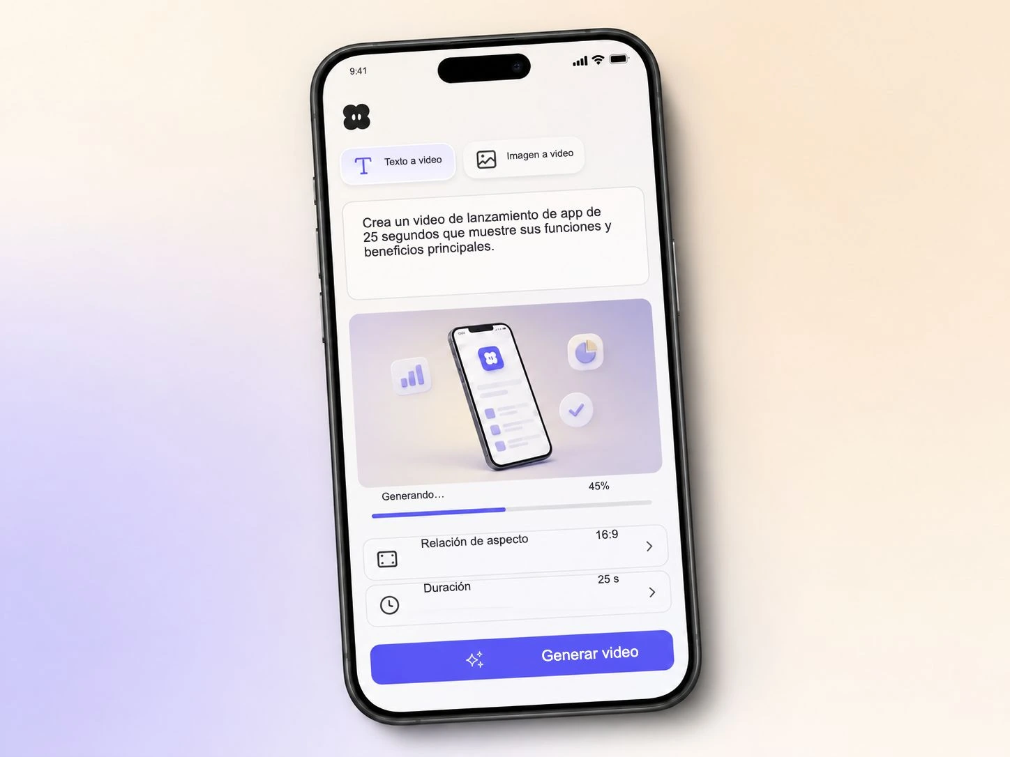 Crea un video de lanzamiento de app a partir de un texto y una captura de pantalla en el editor de Pexo