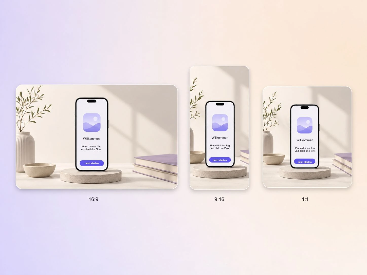 Ein App-Launch-Video, exportiert in den Formaten 16:9, 9:16 und 1:1 bis zu 4K