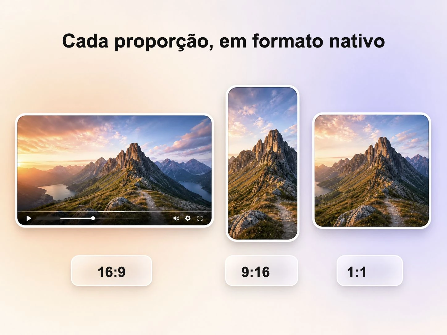 Um trailer de lançamento exportado nos formatos 16:9, 9:16 e 1:1, com resolução de até 4K