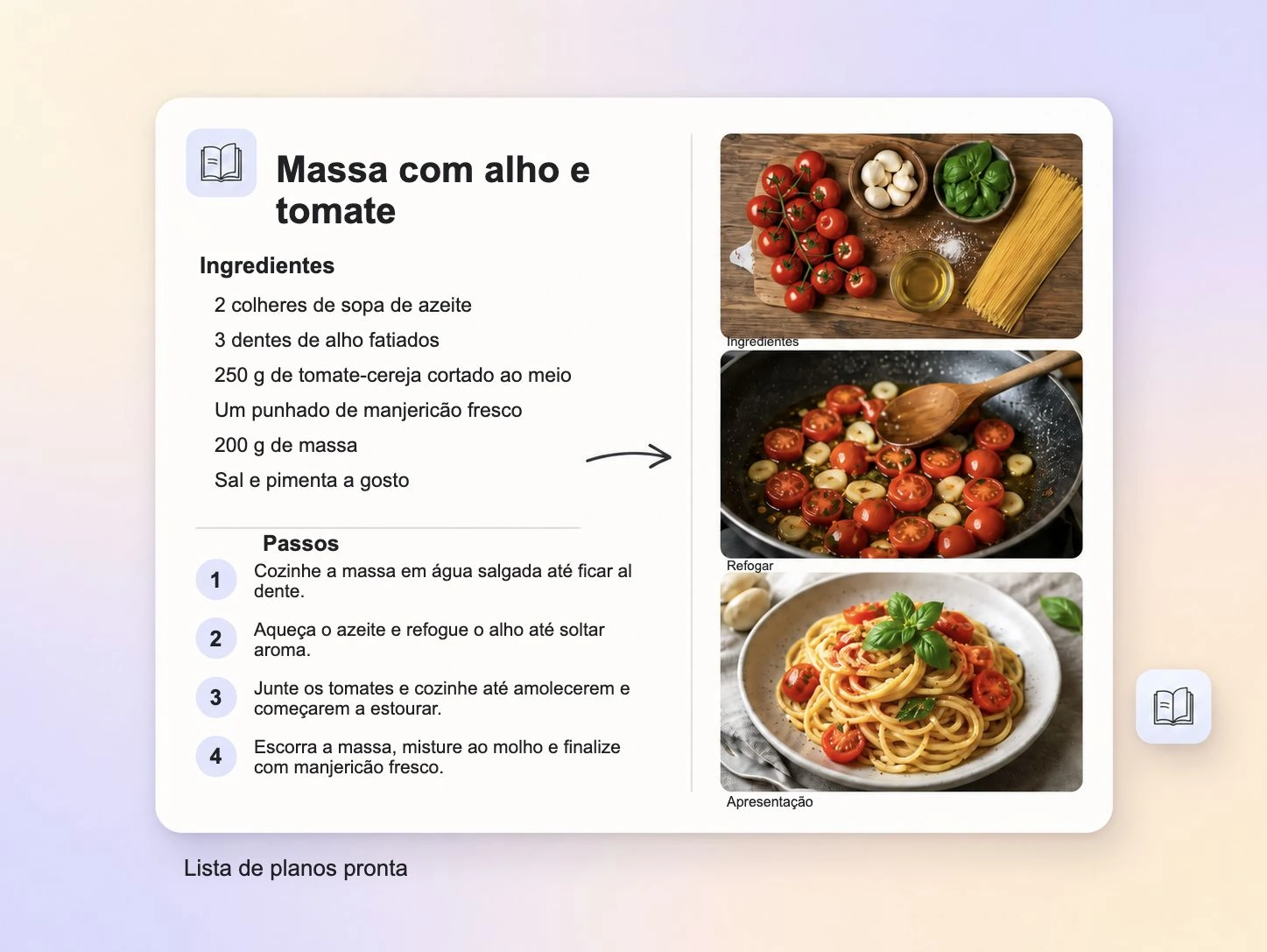 Uma receita escrita transformada em uma lista estruturada de planos para um vídeo de receita no Pexo