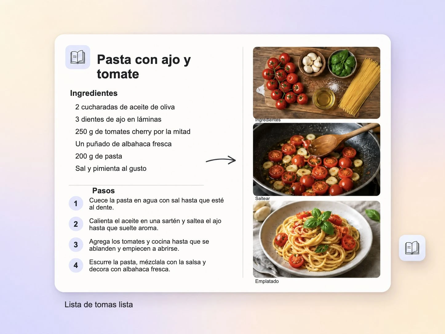 Una receta escrita convertida en una lista de tomas estructurada para un vídeo de recetas en Pexo