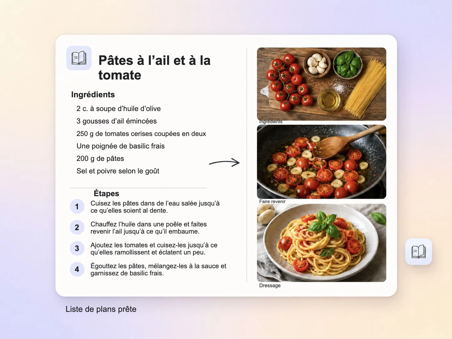 Conversion d'une recette écrite en une liste de plans structurée pour une vidéo de recette dans Pexo
