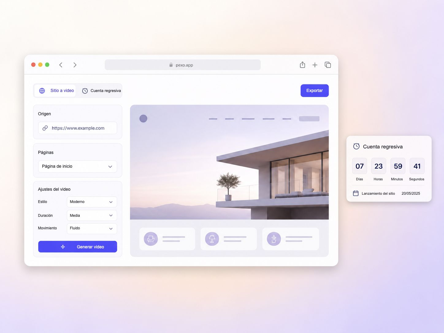Pexo convierte una nueva página de inicio en un video de lanzamiento web