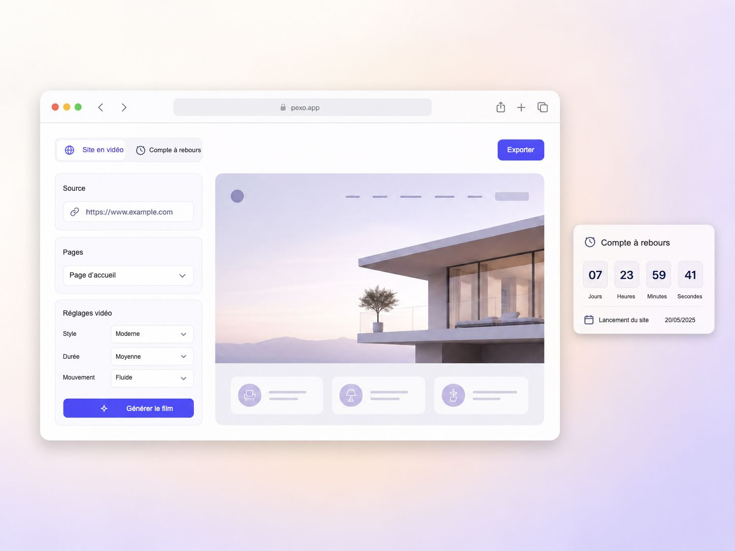 Pexo transforme une nouvelle page d'accueil en vidéo de lancement de site web