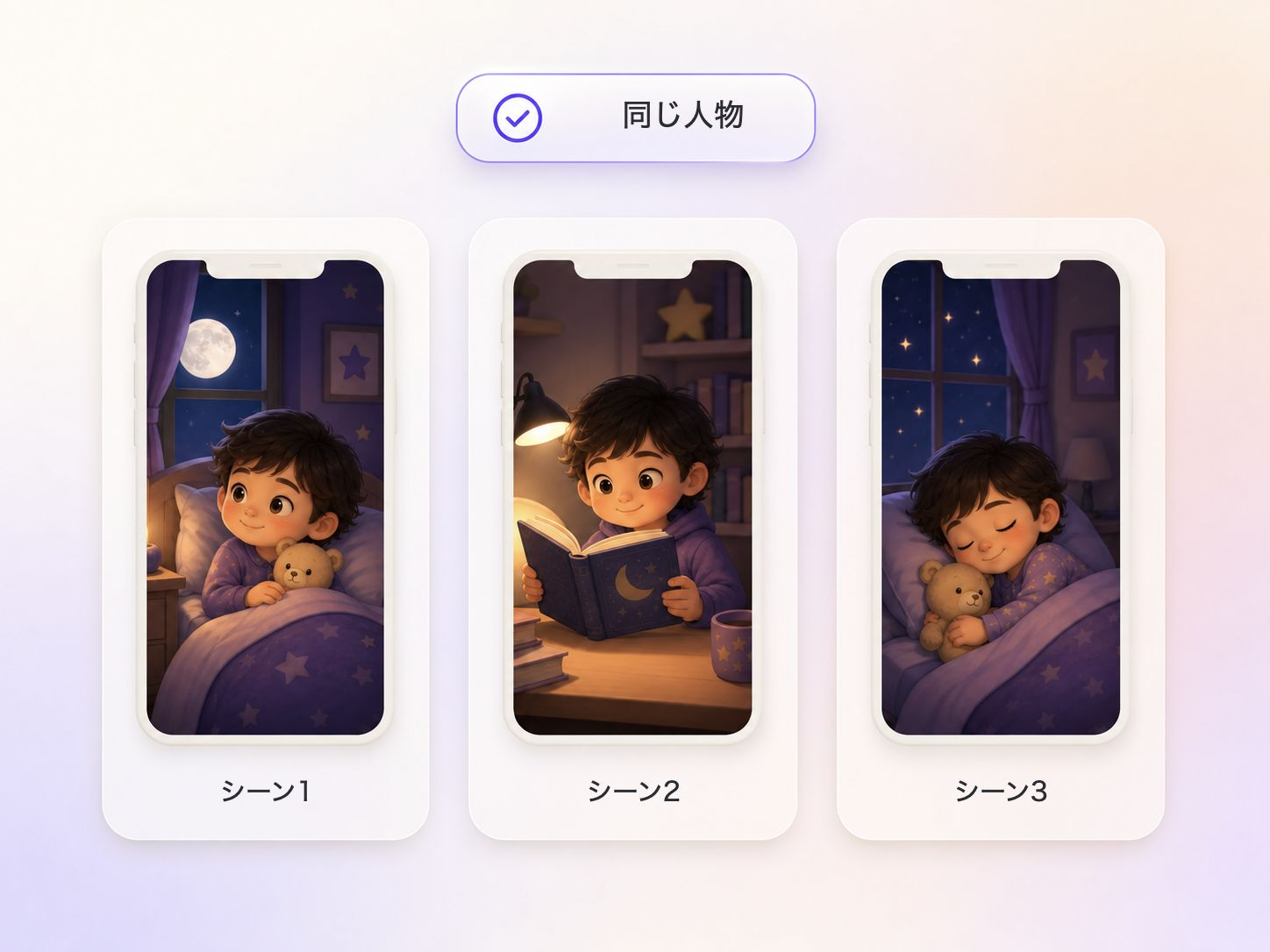 寝かしつけ動画のシーン全体を通して、同じ絵本のキャラクターが登場