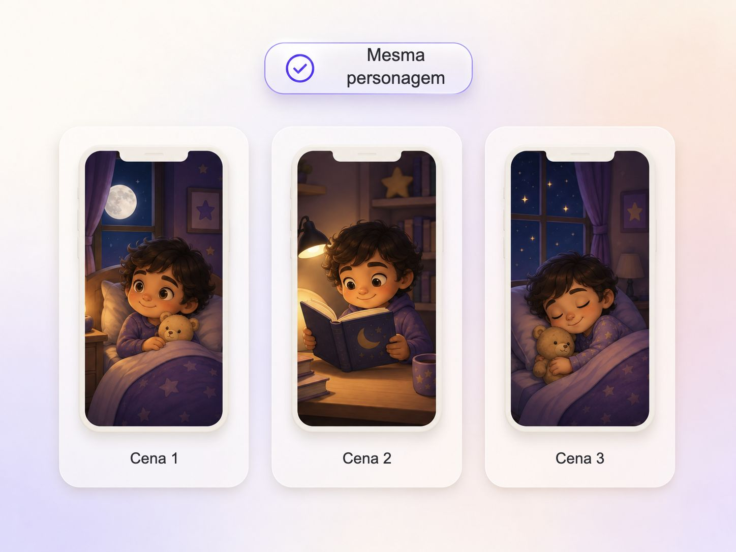 Um personagem de livro infantil que aparece em todas as cenas de um vídeo de história para dormir