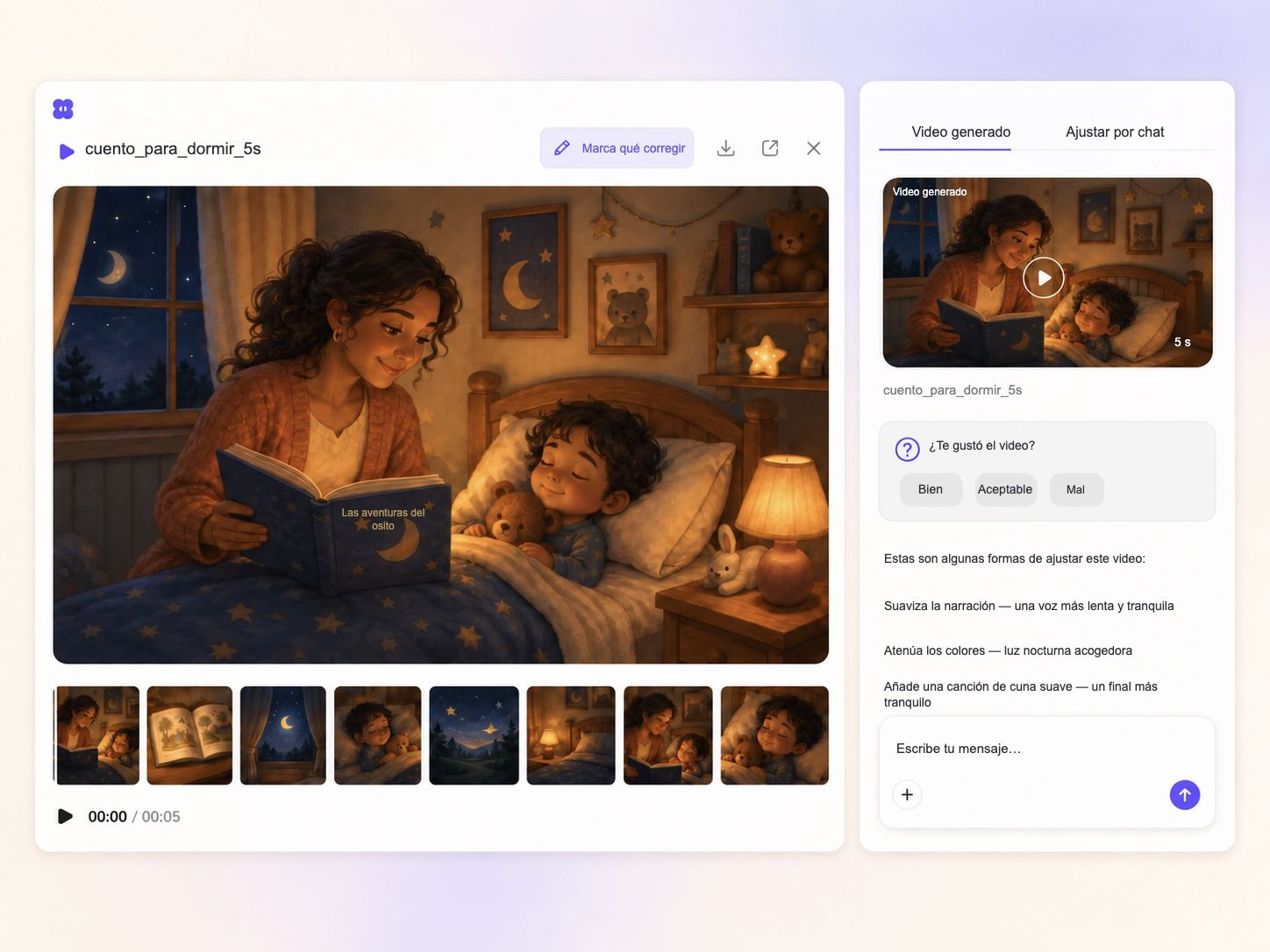 Creación de un video de cuento para dormir a partir de un texto y una foto en el editor de Pexo