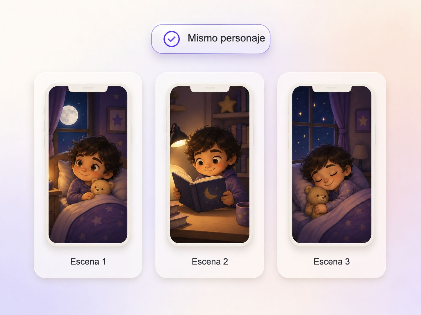 El mismo personaje de cuento, con apariencia coherente en las escenas de un video para dormir