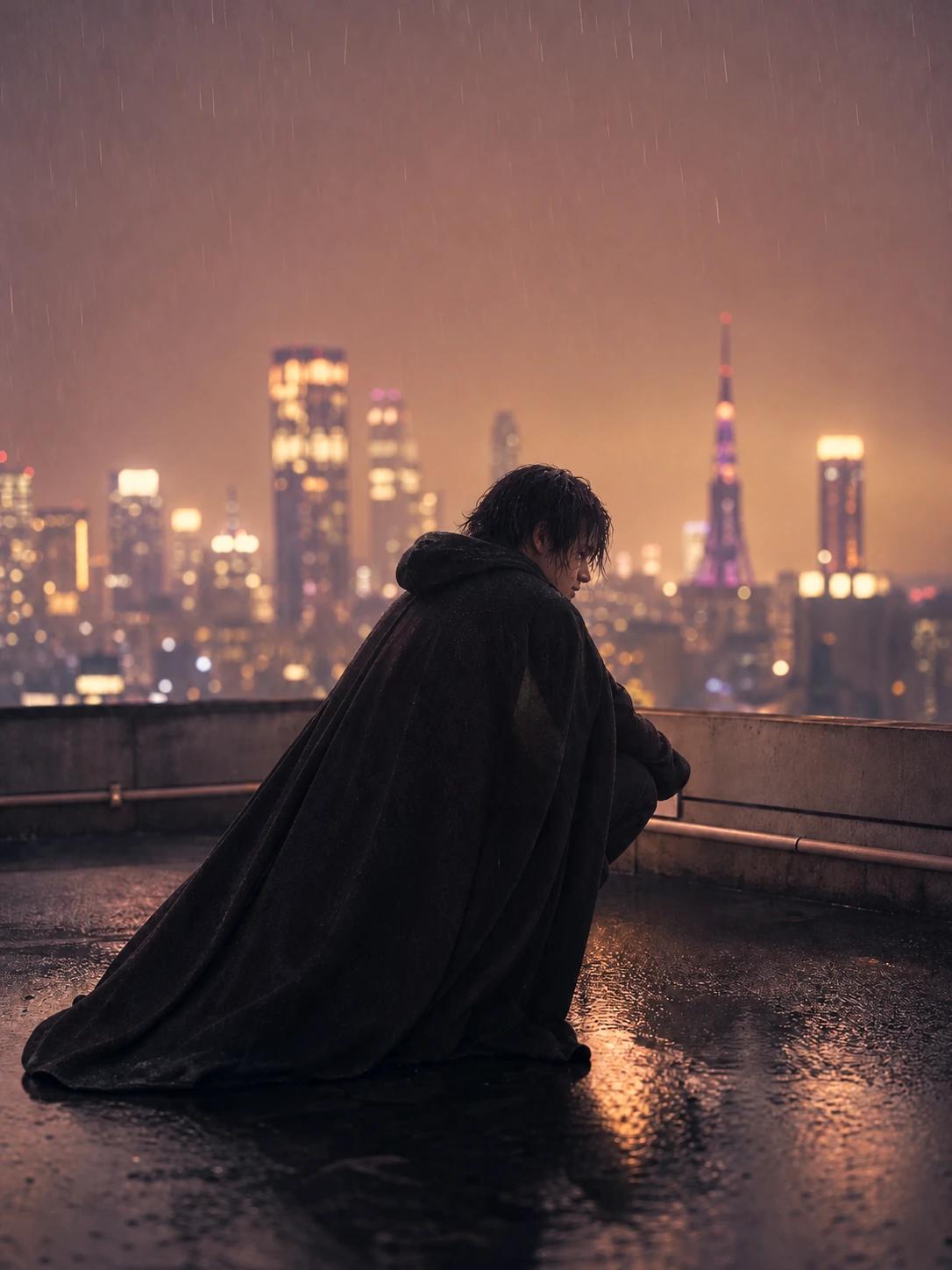 Pexo AIで生成した、屋上に立つマント姿のヒーローの映画風ファンフィルムシーン