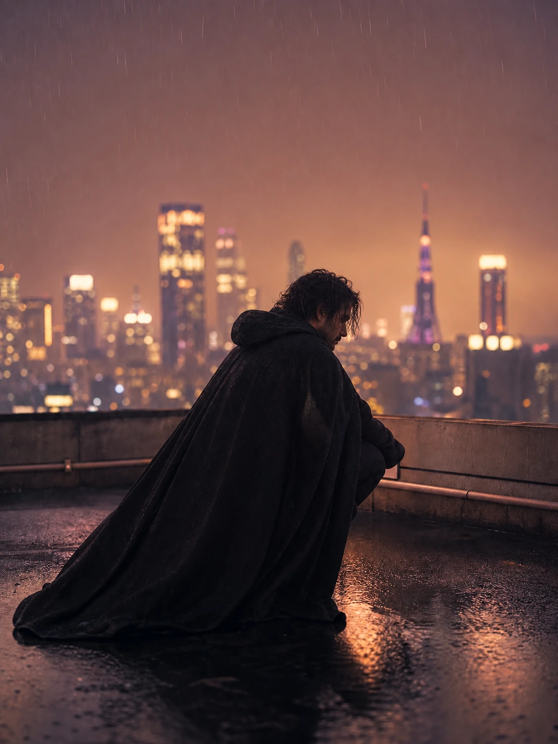Escena cinematográfica de una película de fans con un héroe con capa en una azotea, generada con Pexo AI