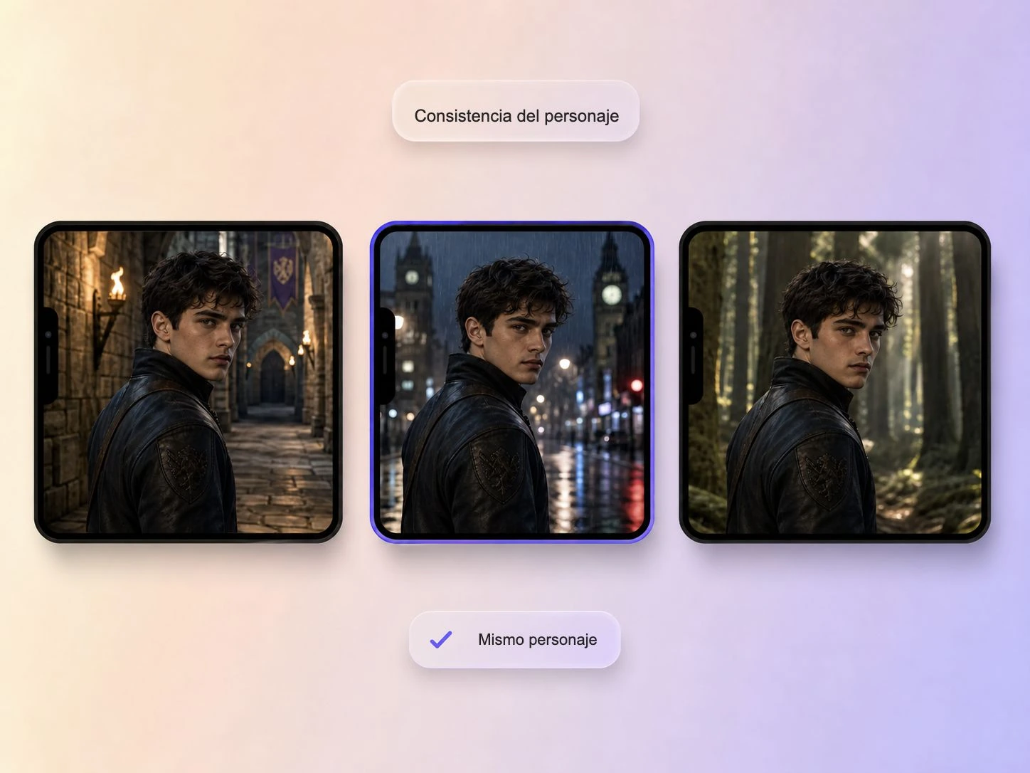 El héroe de un cortometraje de fans mantiene una apariencia consistente en todas las escenas generadas con Pexo