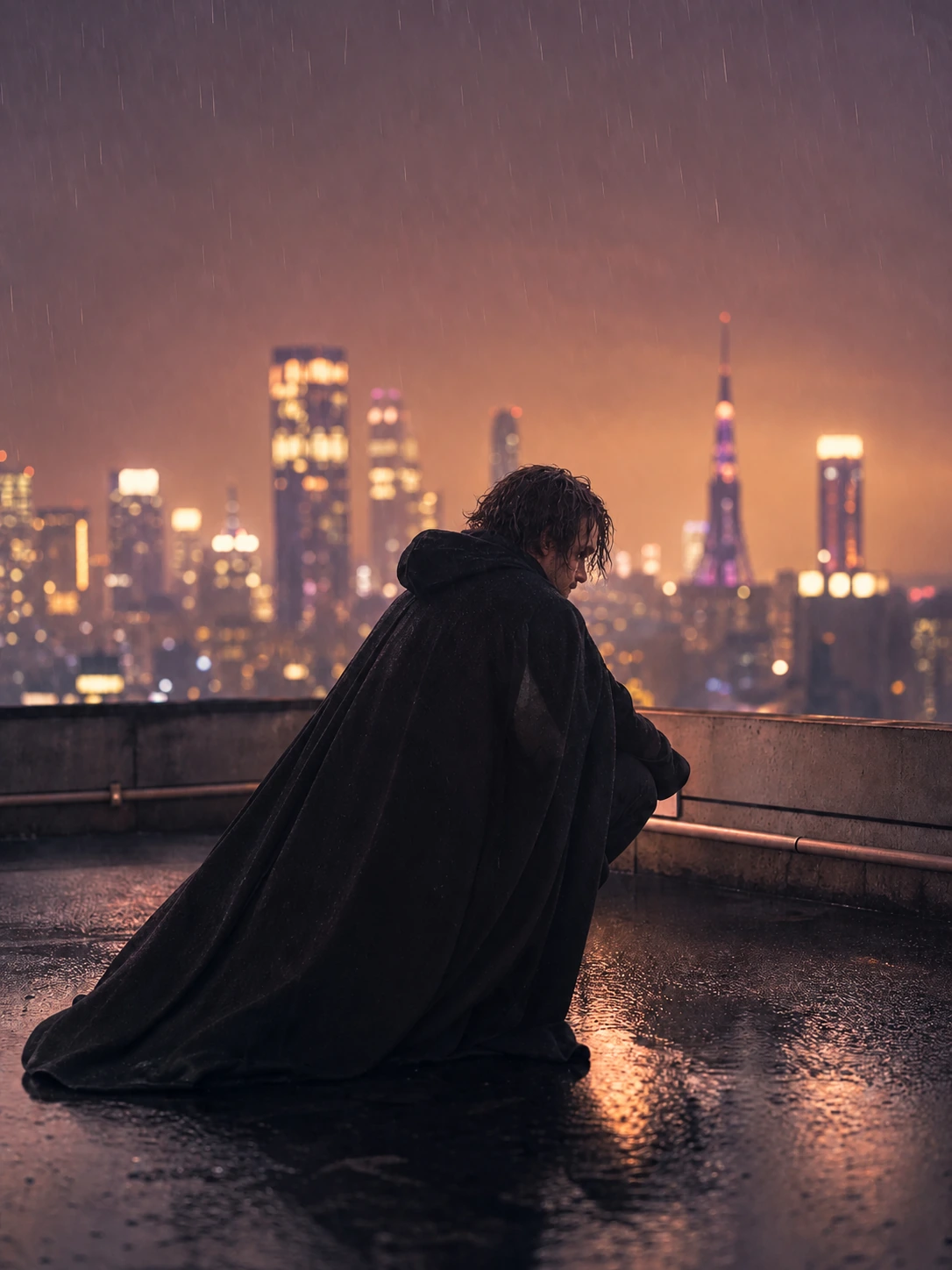 Filmische Fanfilmszene mit einem Superhelden auf einem Dach, generiert mit Pexo AI