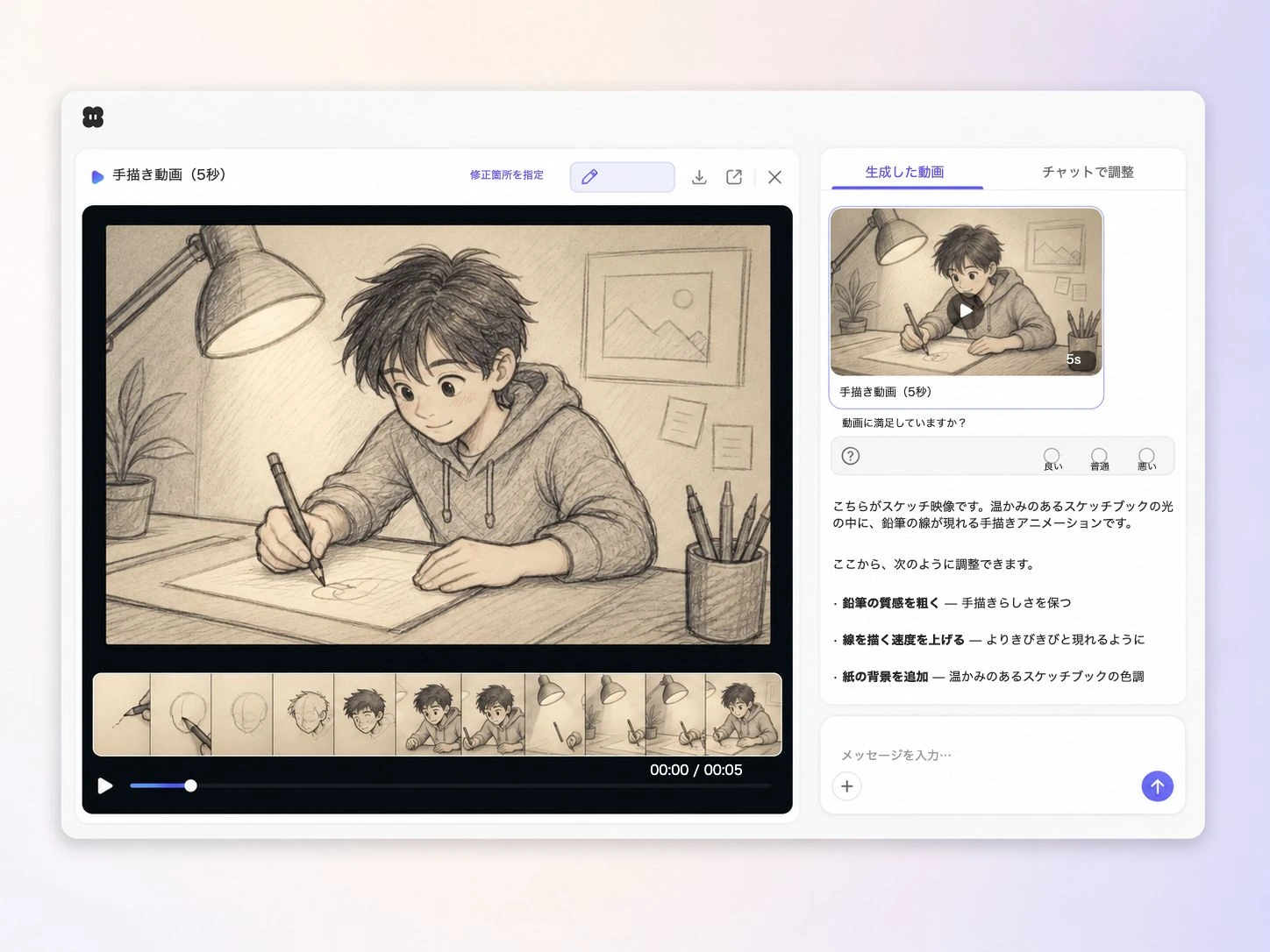 Pexoエディタでテキストプロンプトと写真から手描き動画を作成する