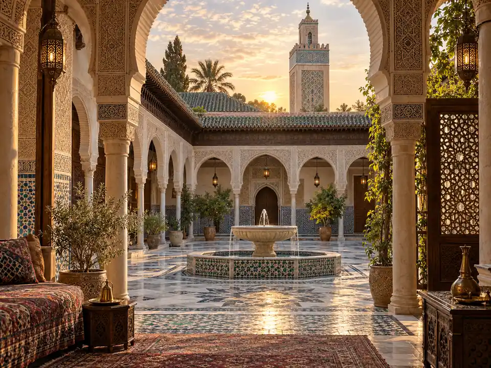 Cour d'une mosquée historique avec arcades, mosaïques géométriques, fontaine, lanternes et minaret