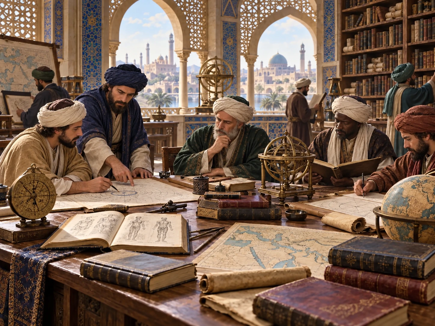 Studiosi esaminano astronomia, medicina, mappe e libri in un centro storico di studi islamici