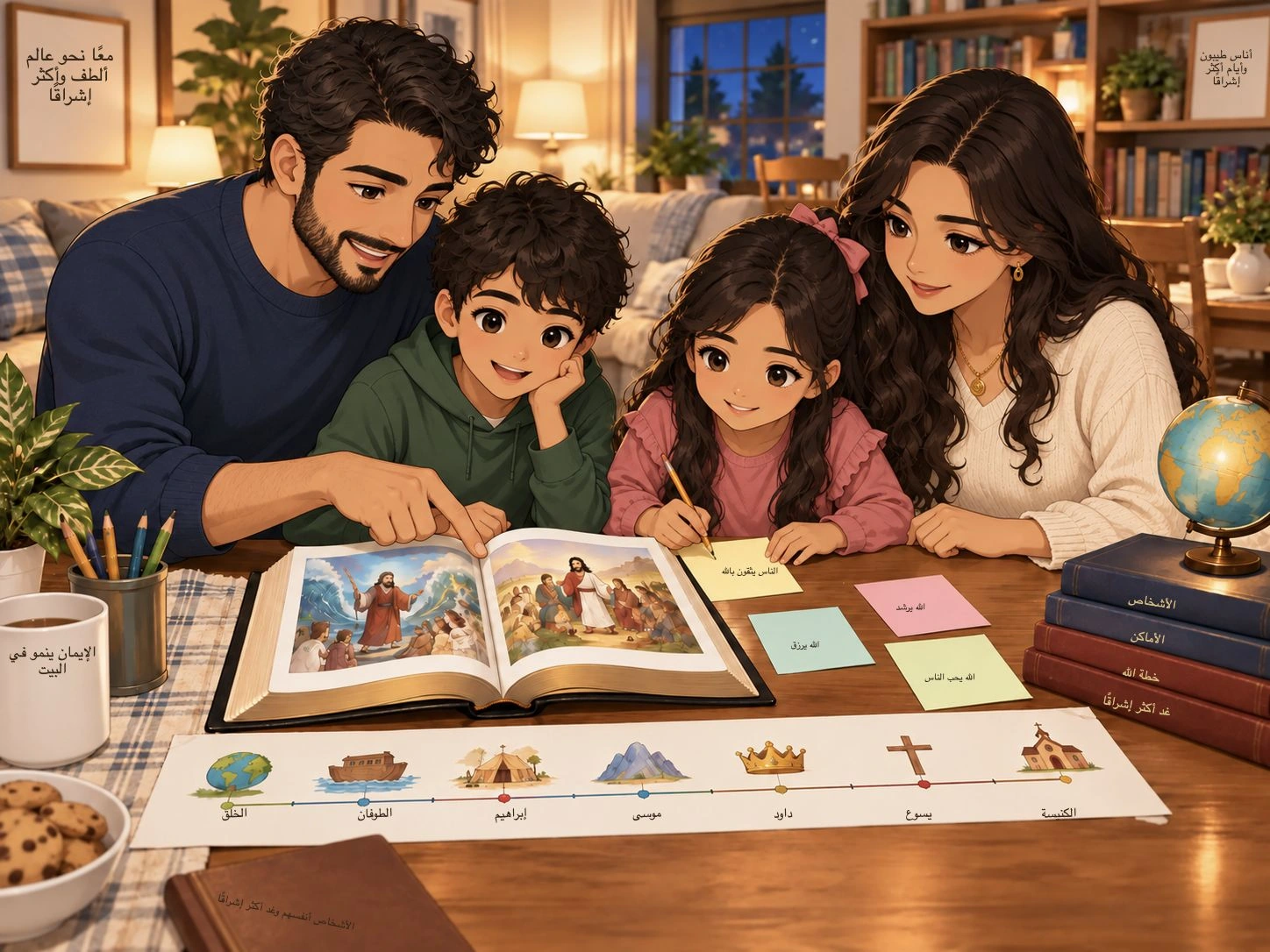 أبوان يوجهان أطفالهما في درس من الكتاب المقدس بأسلوب رسم دافئ