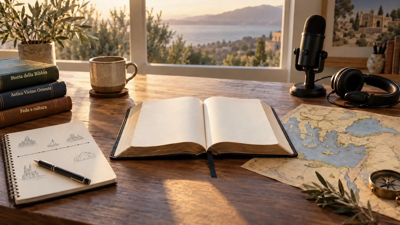 Una Bibbia aperta accanto agli appunti di studio, una mappa, un microfono e delle cuffie