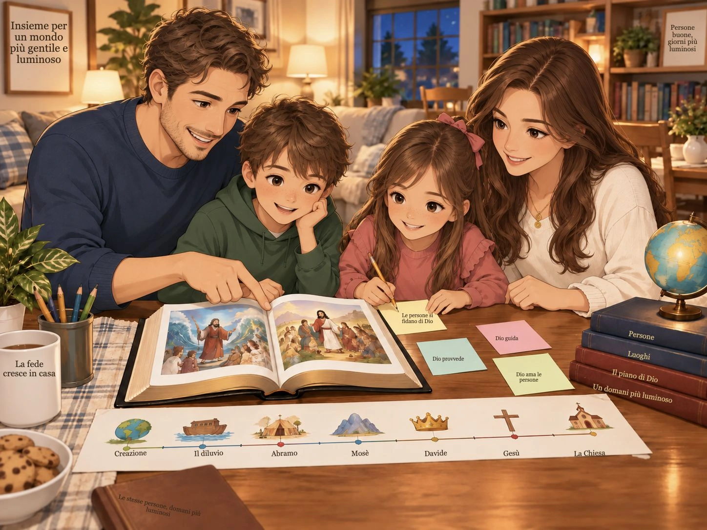 Genitori che guidano i bambini attraverso una lezione biblica con uno stile illustrativo accogliente