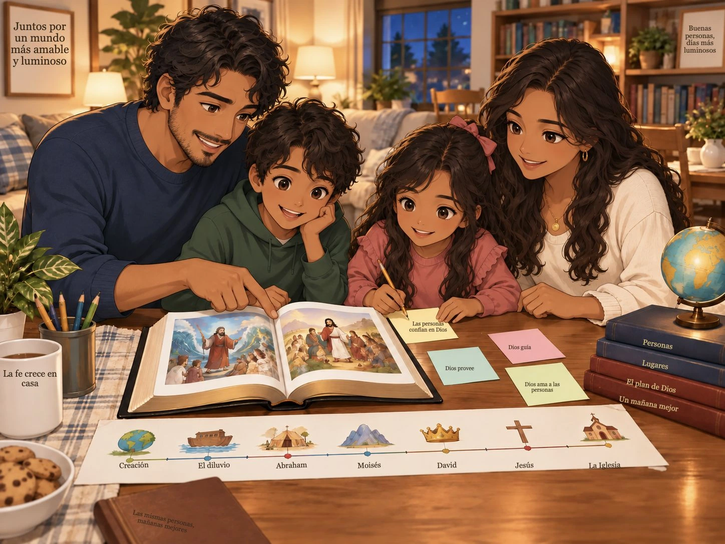 Padres guiando a sus hijos a través de una lección bíblica con un estilo ilustrado cálido
