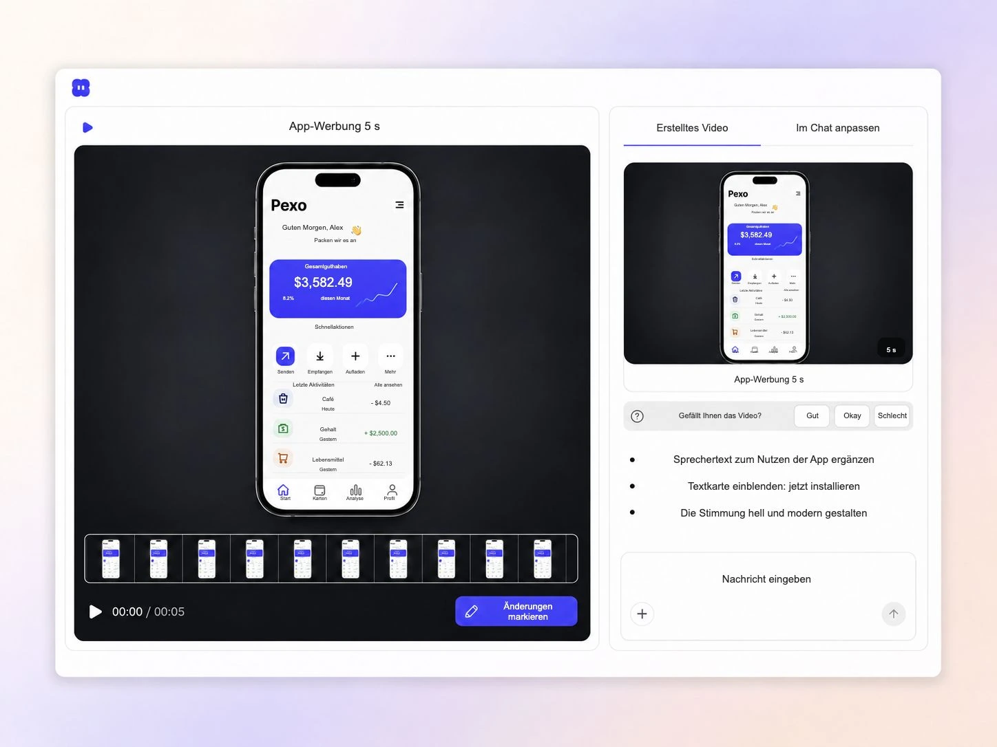 Erstellung eines App-Promovideos aus einer Texteingabe und einem App-Screenshot im Pexo-Editor