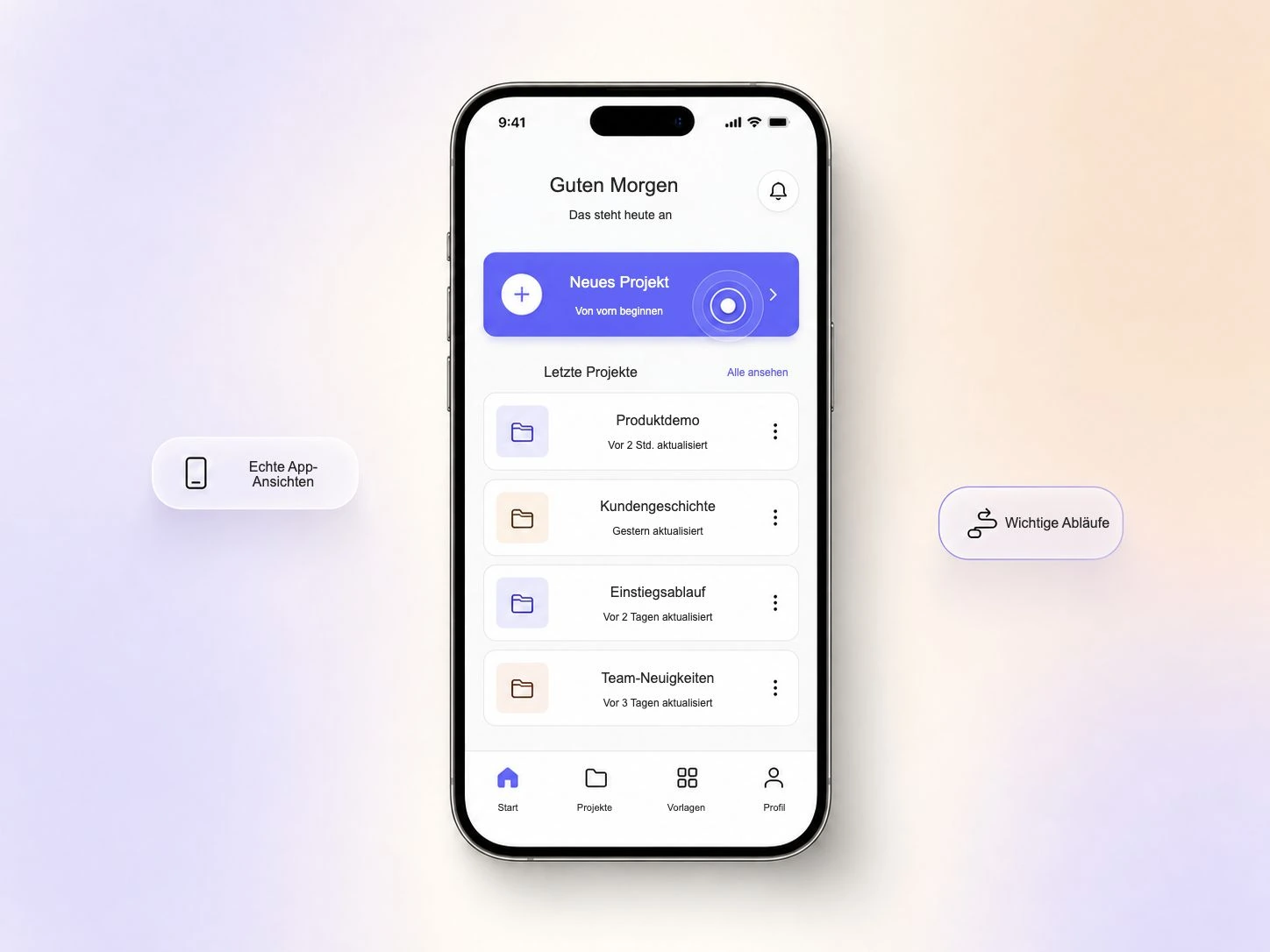 Ein App-Promo-Video zeigt die echten App-Ansichten und die wichtigsten Abläufe
