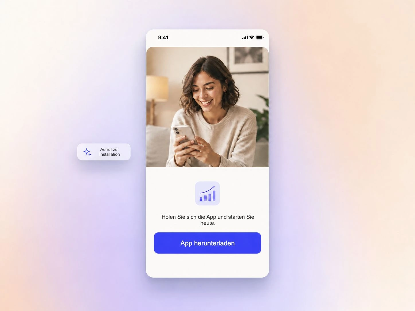 Ein App-Promo-Video endet mit einer klaren Aufforderung zur Installation und Anmeldung