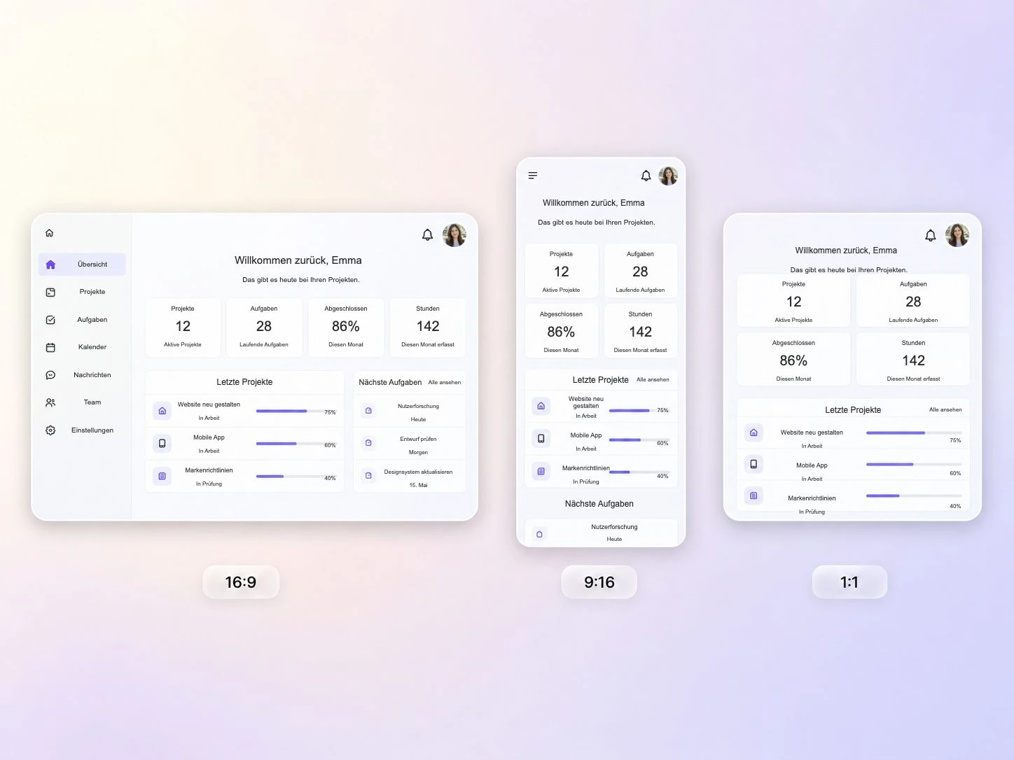 Ein App-Promo-Video, exportiert in den Formaten 16:9, 9:16 und 1:1 bis zu 4K