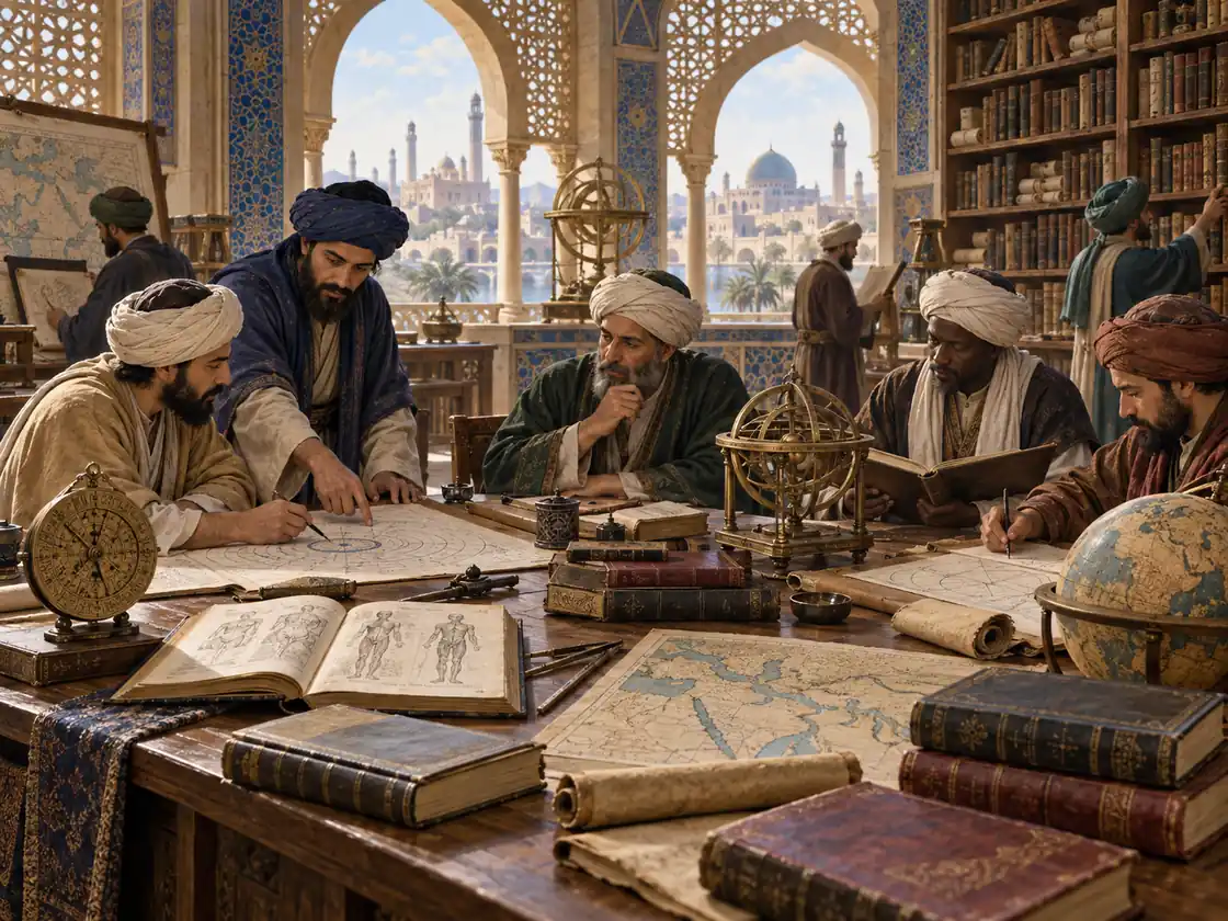 علماء يدرسون علم الفلك والطب والخرائط والكتب في مركز تعليمي إسلامي تاريخي