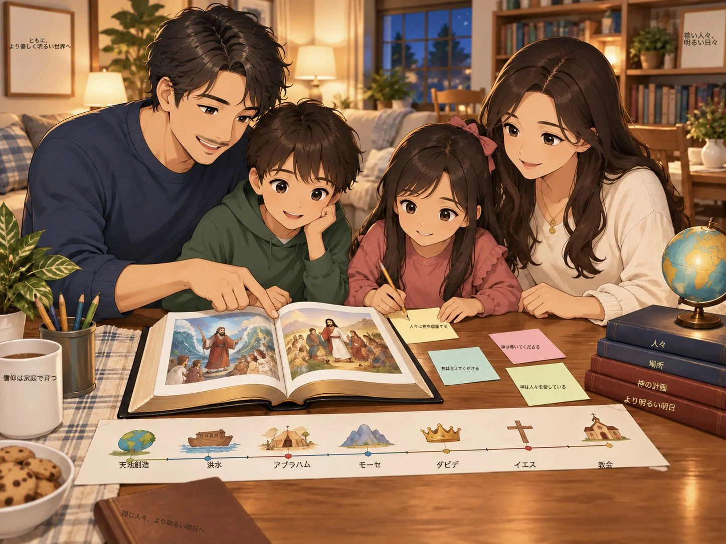 親が温かみのあるイラストを用いて、子どもたちに聖書の教えを伝える