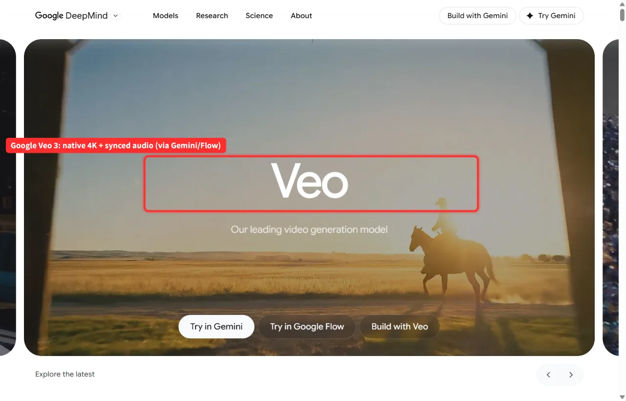 Google Veo 3: native 4K video with synchronized audio, accessed through Gemini and Flow