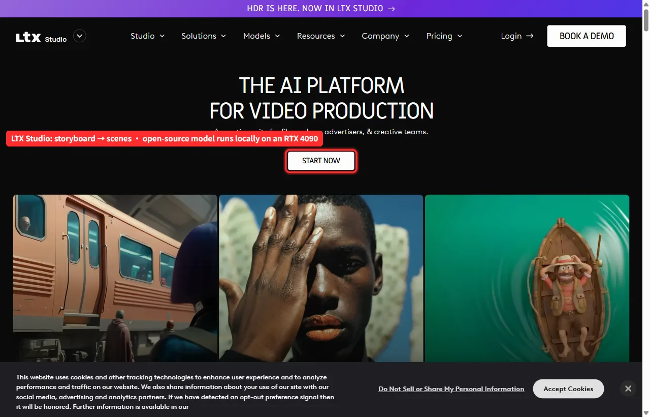 LTX Studio homepage: storyboard to scenes, with an open-source model that runs locally on an RTX 4090