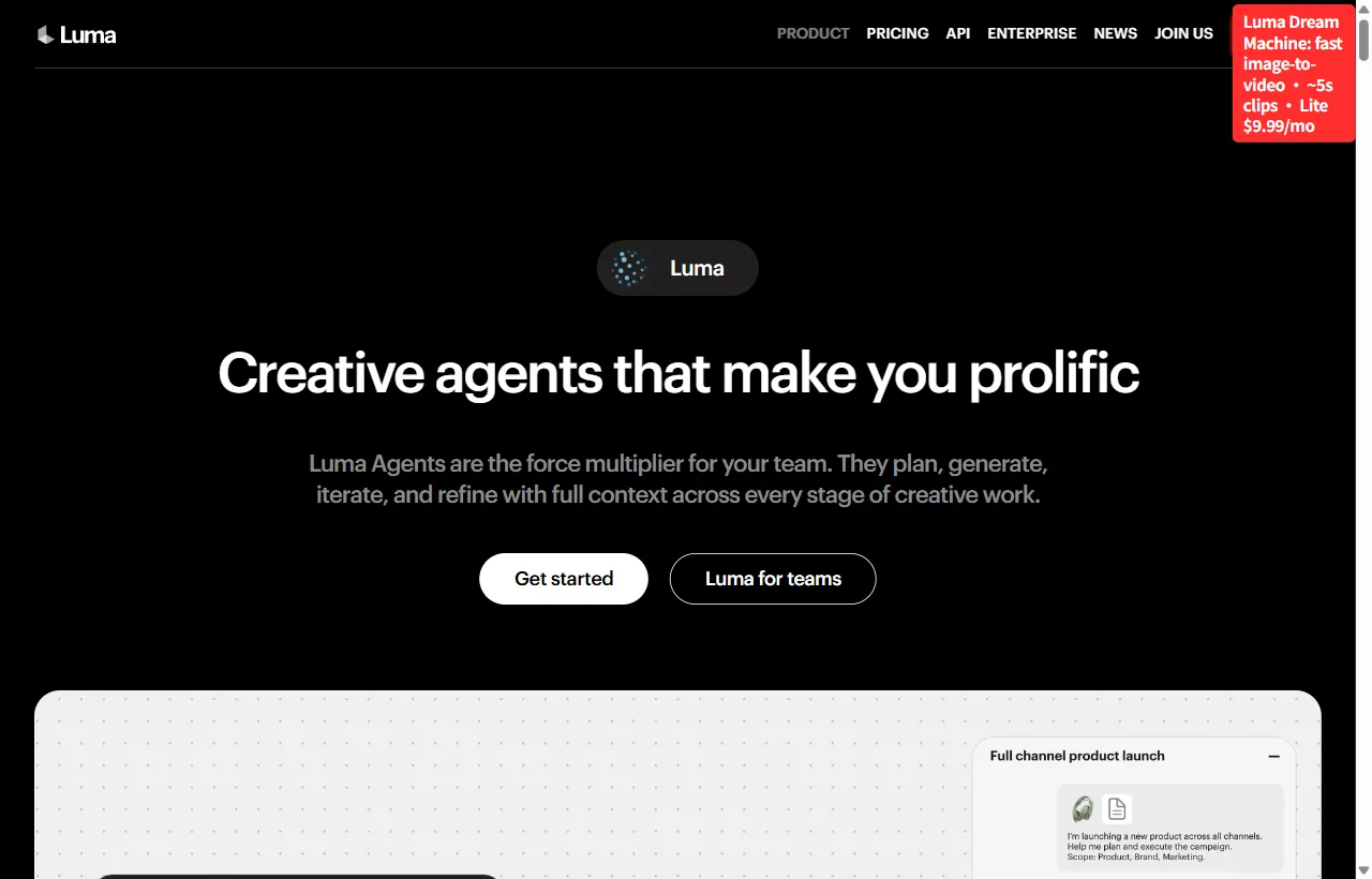 Luma Dream Machine homepage: fast image to video, clips around 5 seconds, Lite from $9.99 a month