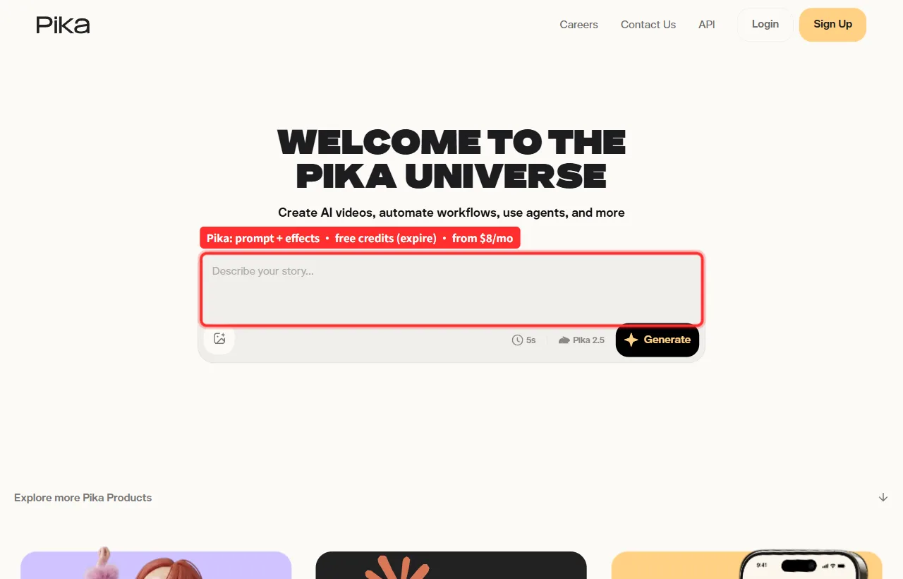 Pika homepage: prompt plus an effects library, paid plans from $8 a month