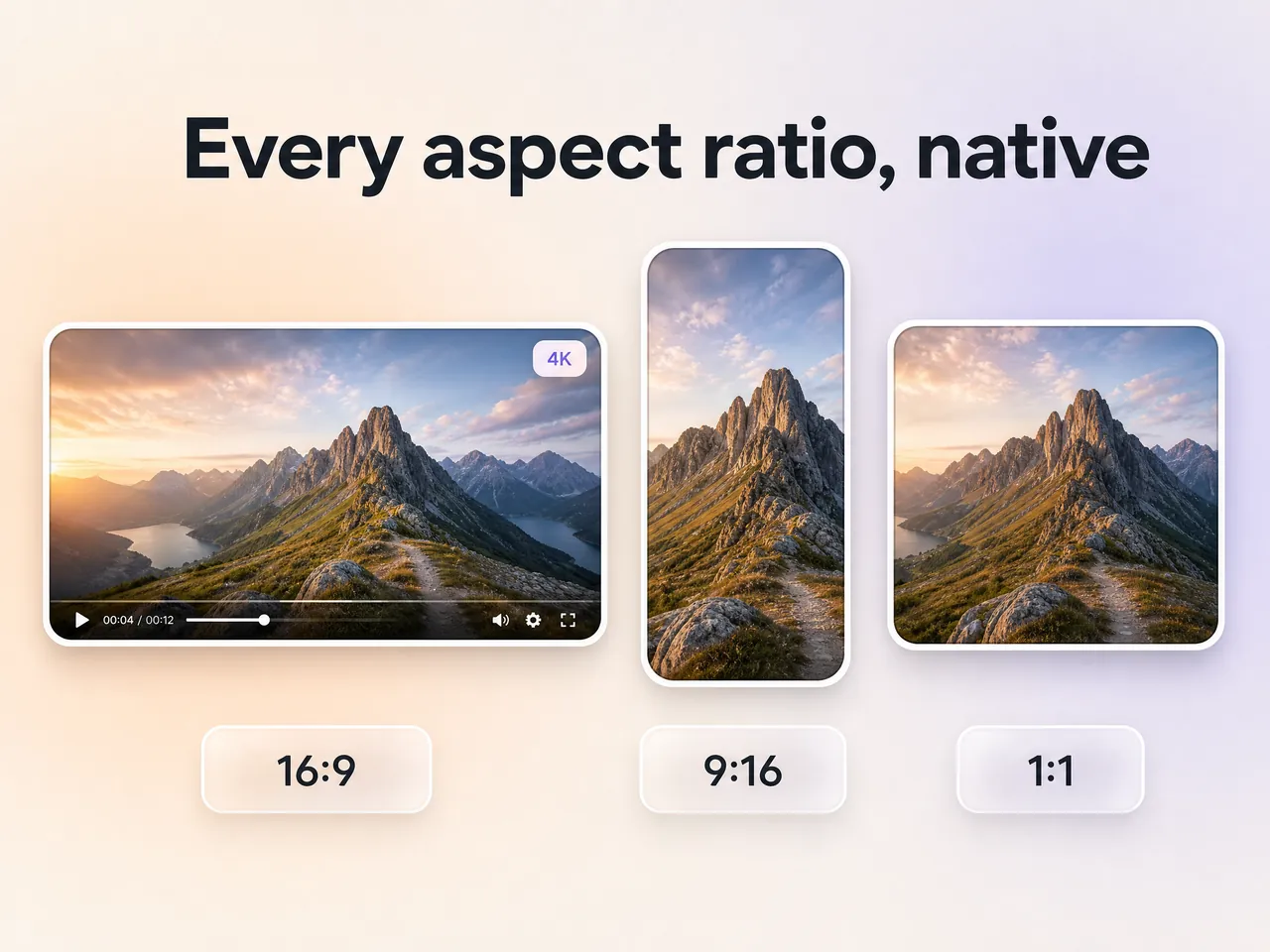 A product launch video exported in 16:9, 9:16, and 1:1 formats up to 4K