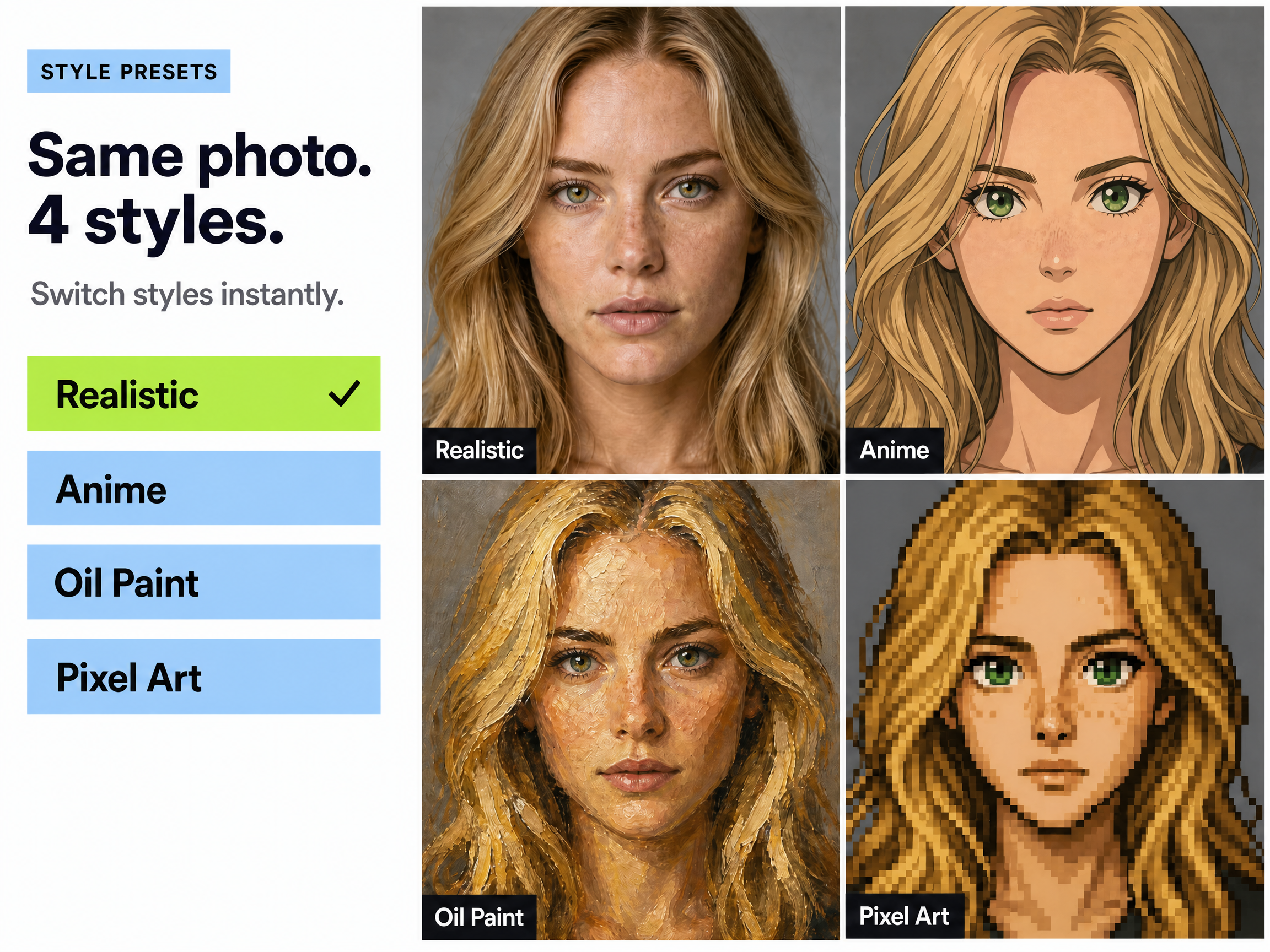 AI image style presets showing the same character in realistic, anime, oil paint and pixel art