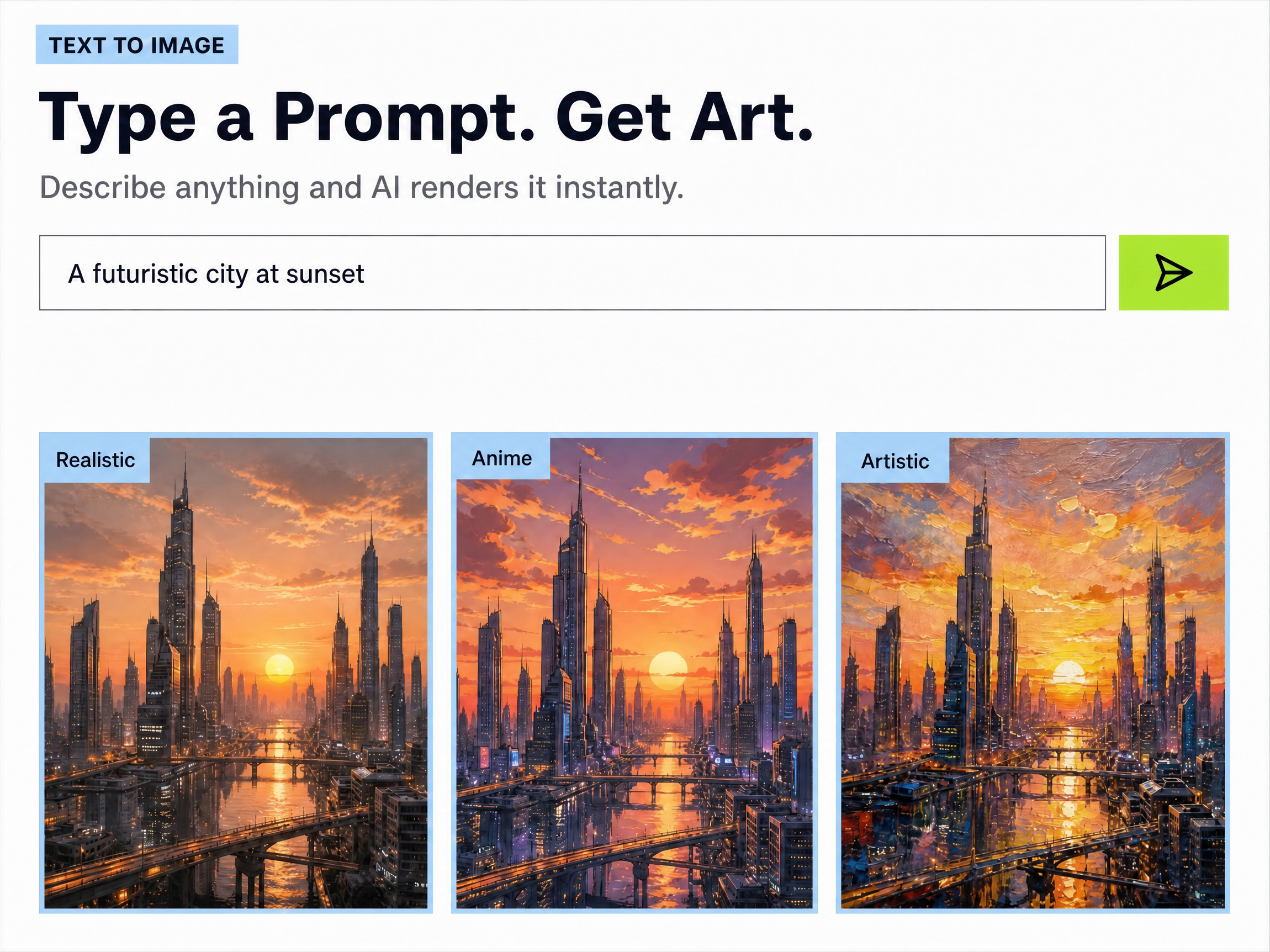 Pexo generates a futuristic city at sunset in realistic, anime and artistic styles from one prompt