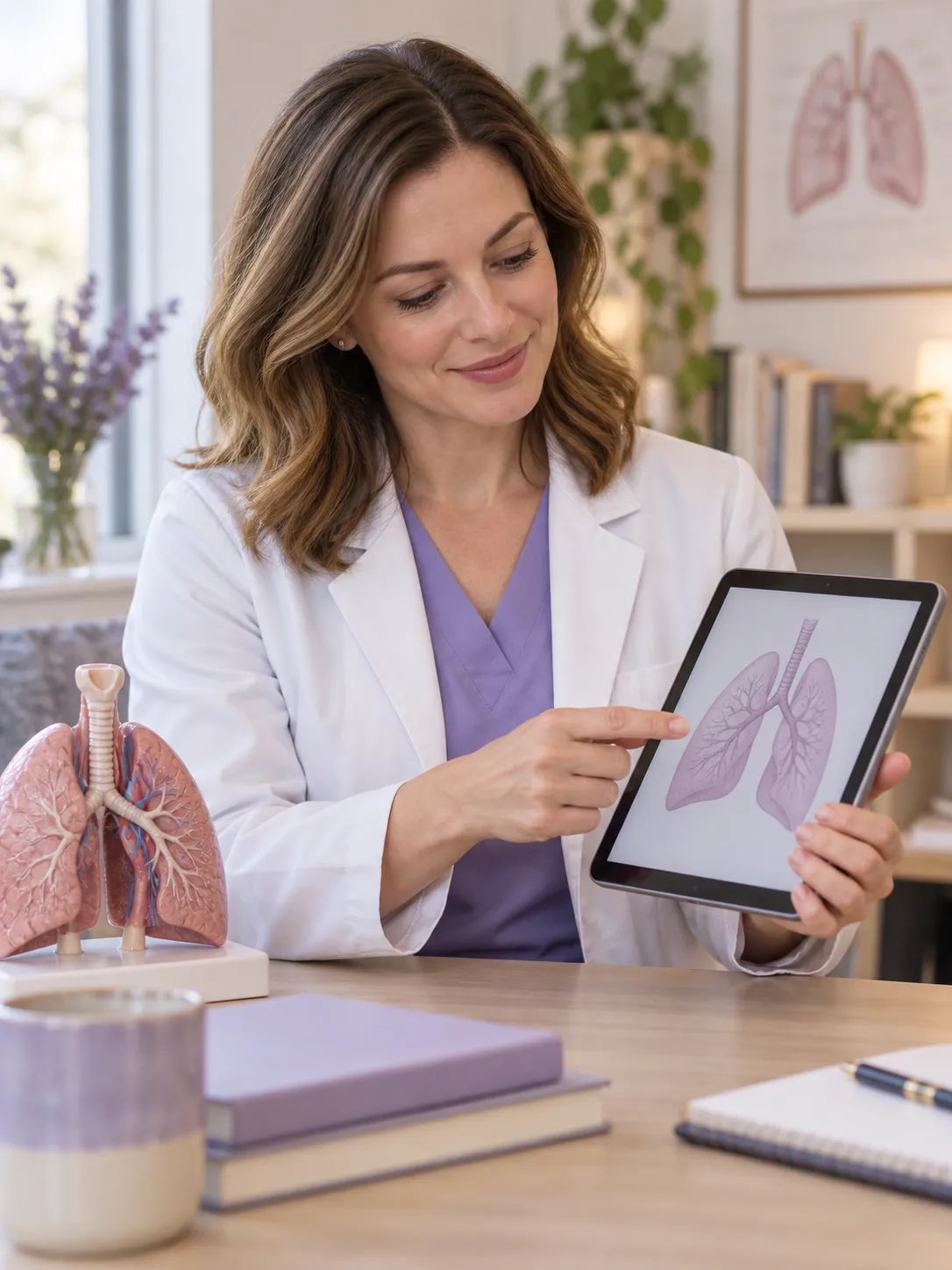 Medical educator reviewing a medical video concept on a tablet in a teaching room