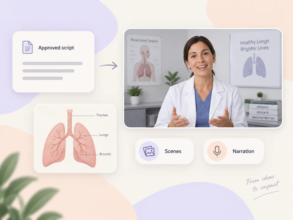 Illustrative medical video workflow turning a reviewed script into narrated educational scenes