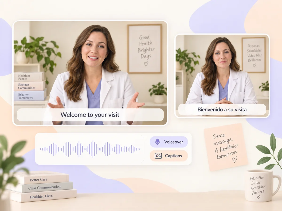 Illustrative medical video previews with English and Spanish narration and captions