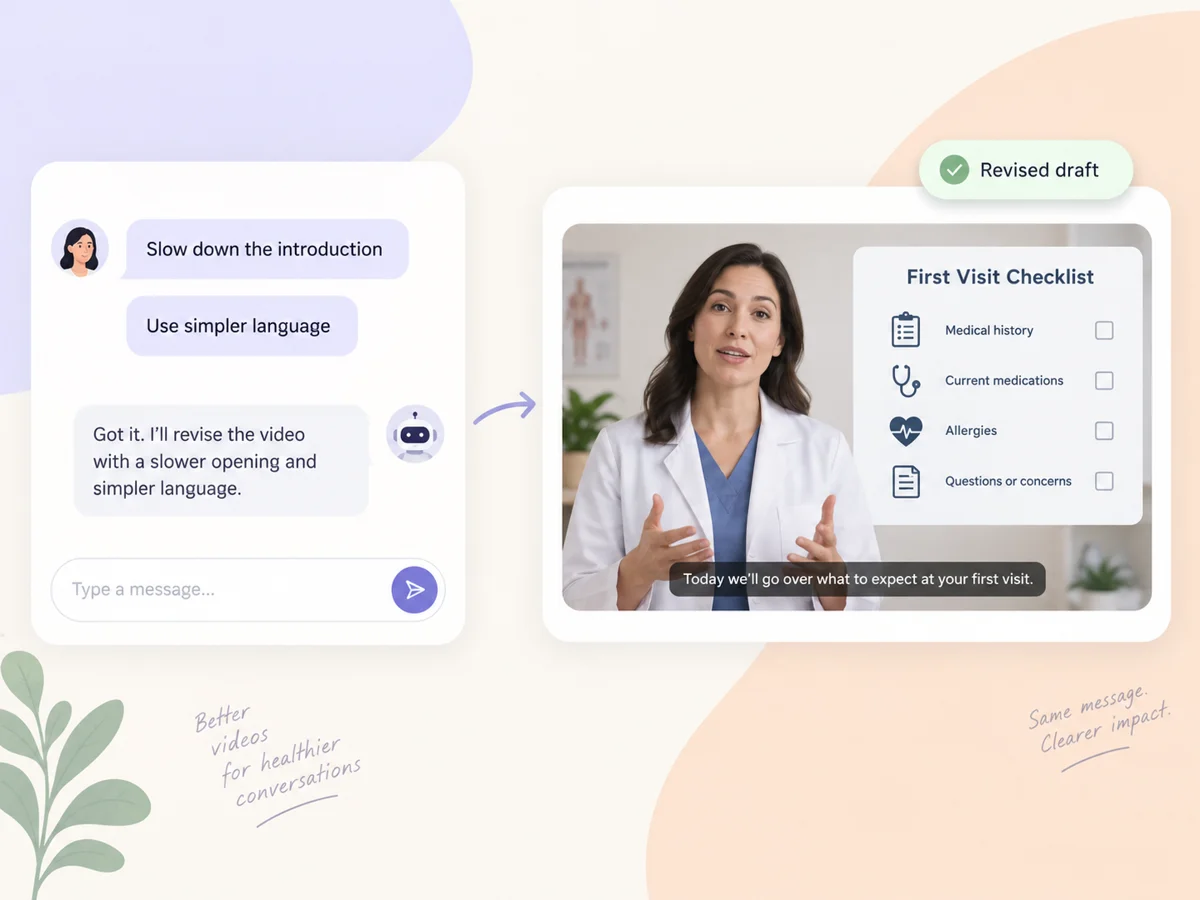 Illustrative medical video revision showing a request to slow down and simplify the introduction
