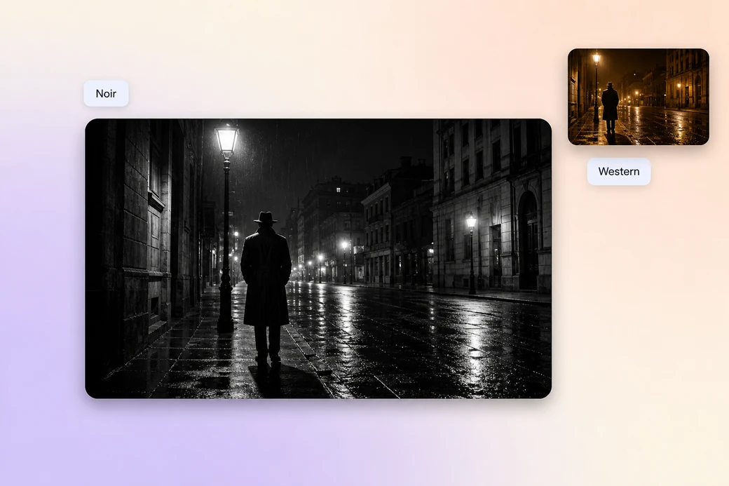 Cinematic video generator rendering the same street as noir and as a western