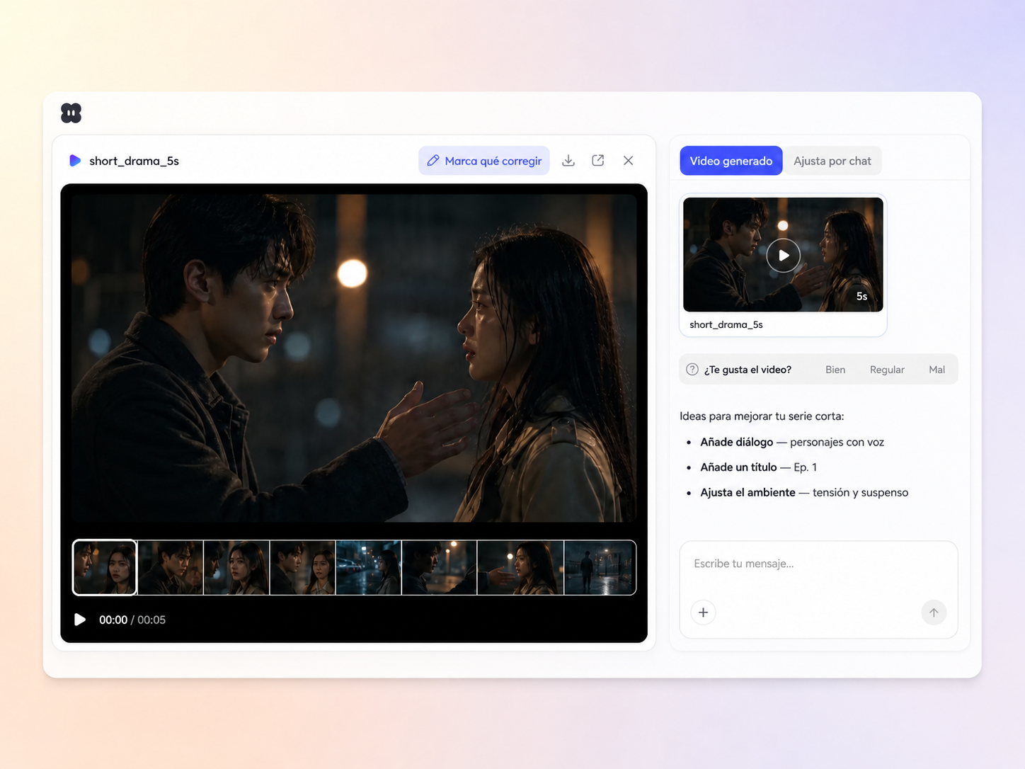 Creación de una serie corta a partir de un prompt y una foto en el editor de Pexo