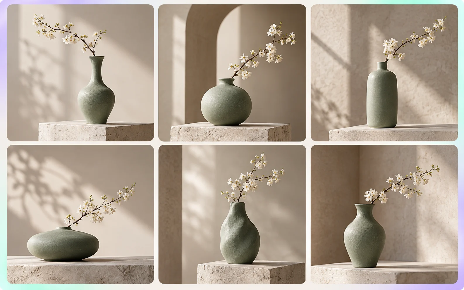 Conceptual contact sheet of six ceramic vase alternatives from one creative brief