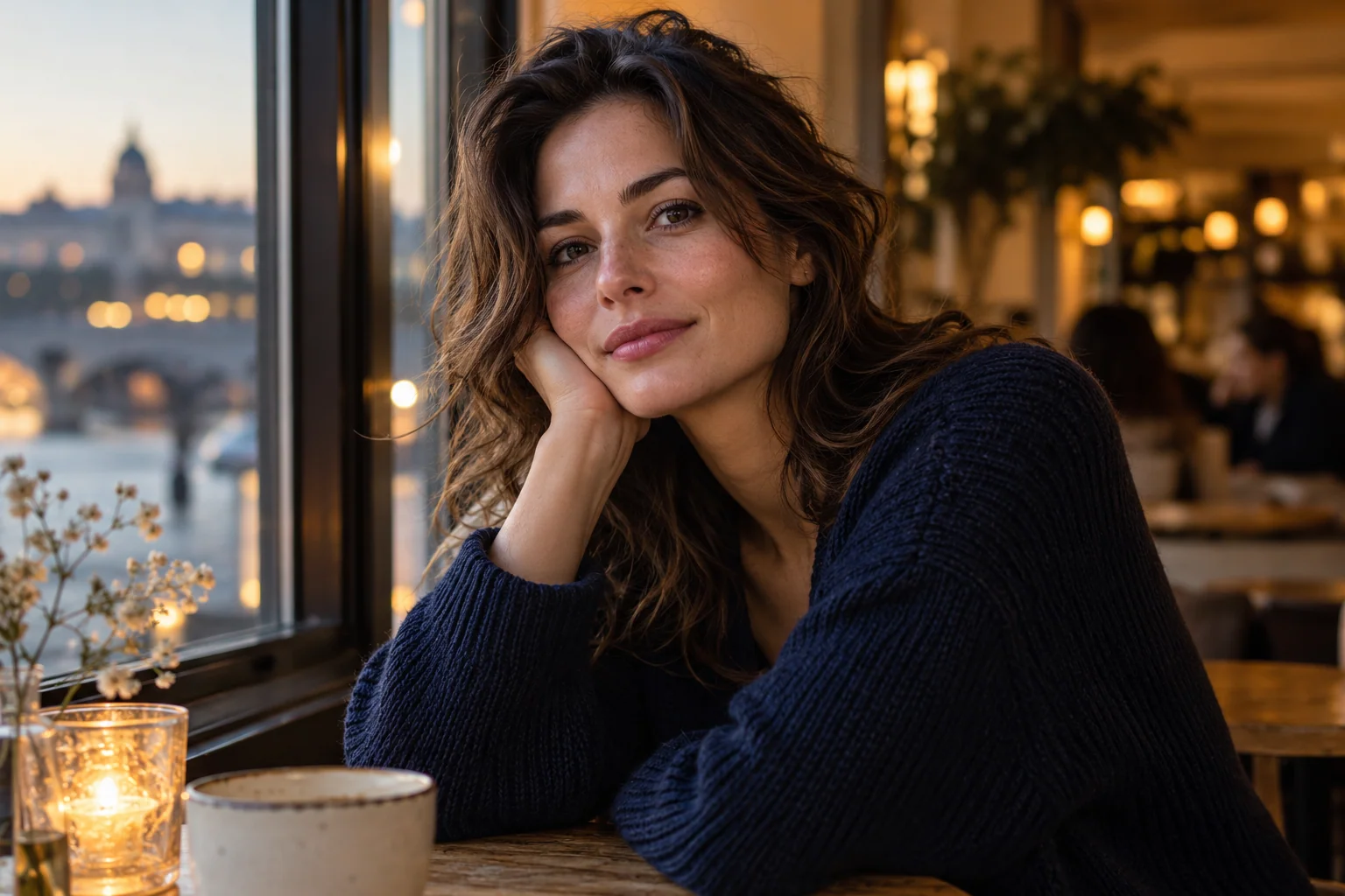 Cafe portrait with visible natural hair and skin detail — AI-generated illustrative photo