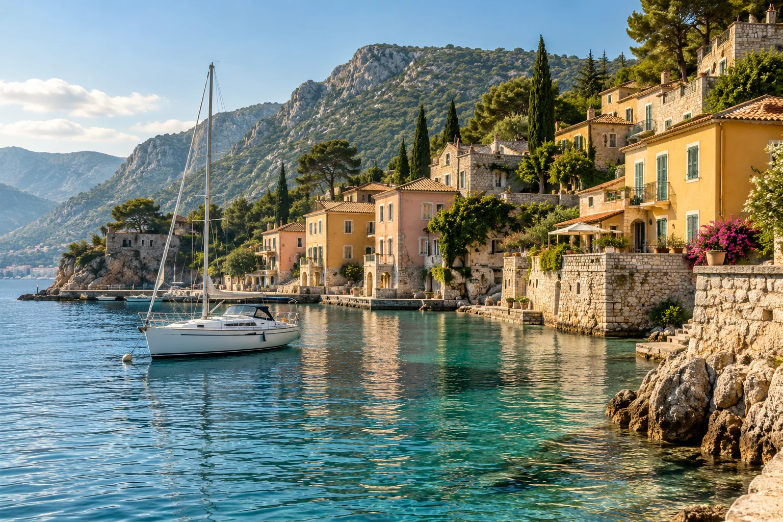 Coastal harbor with detailed buildings and rippling water — AI-generated illustrative photo