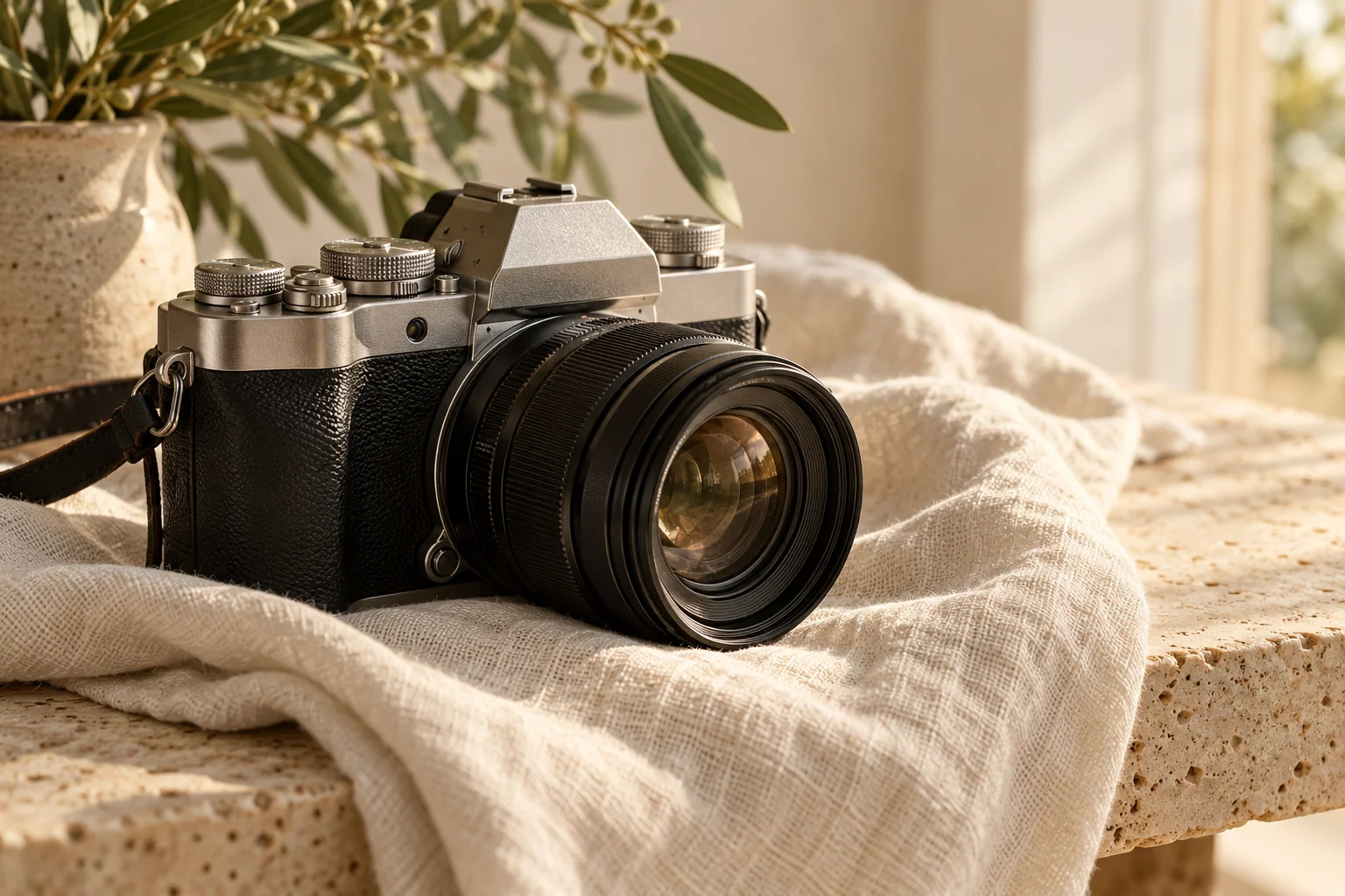 Camera lens, metal edges, and linen texture — AI-generated illustrative photo