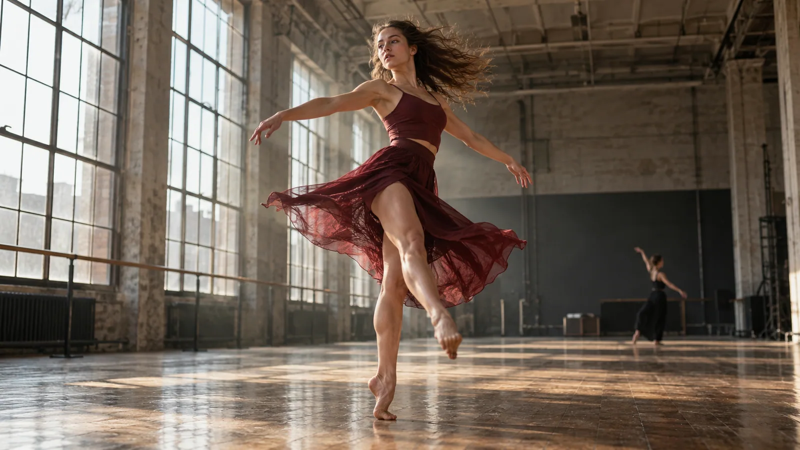 An original cinematic concept of a dancer turning in a sunlit industrial studio