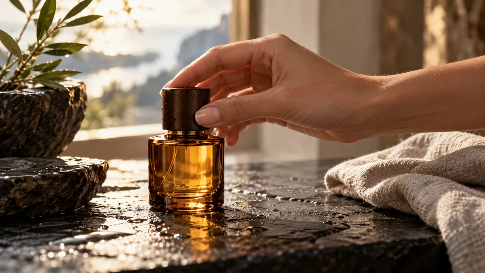 An amber perfume bottle being handled in warm window light