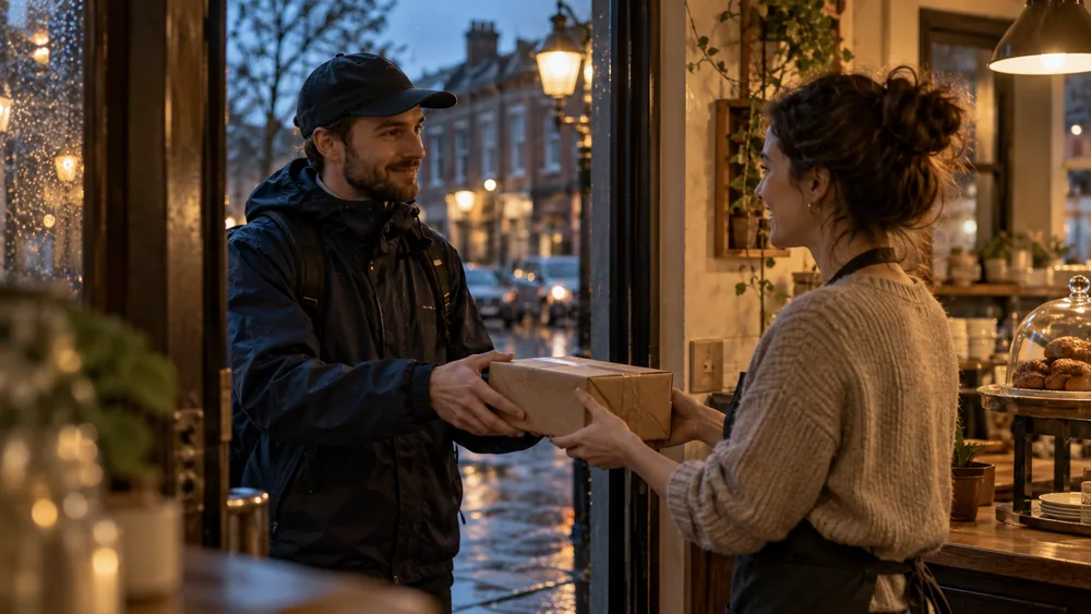 A courier handing a parcel to a cafe owner at dusk
